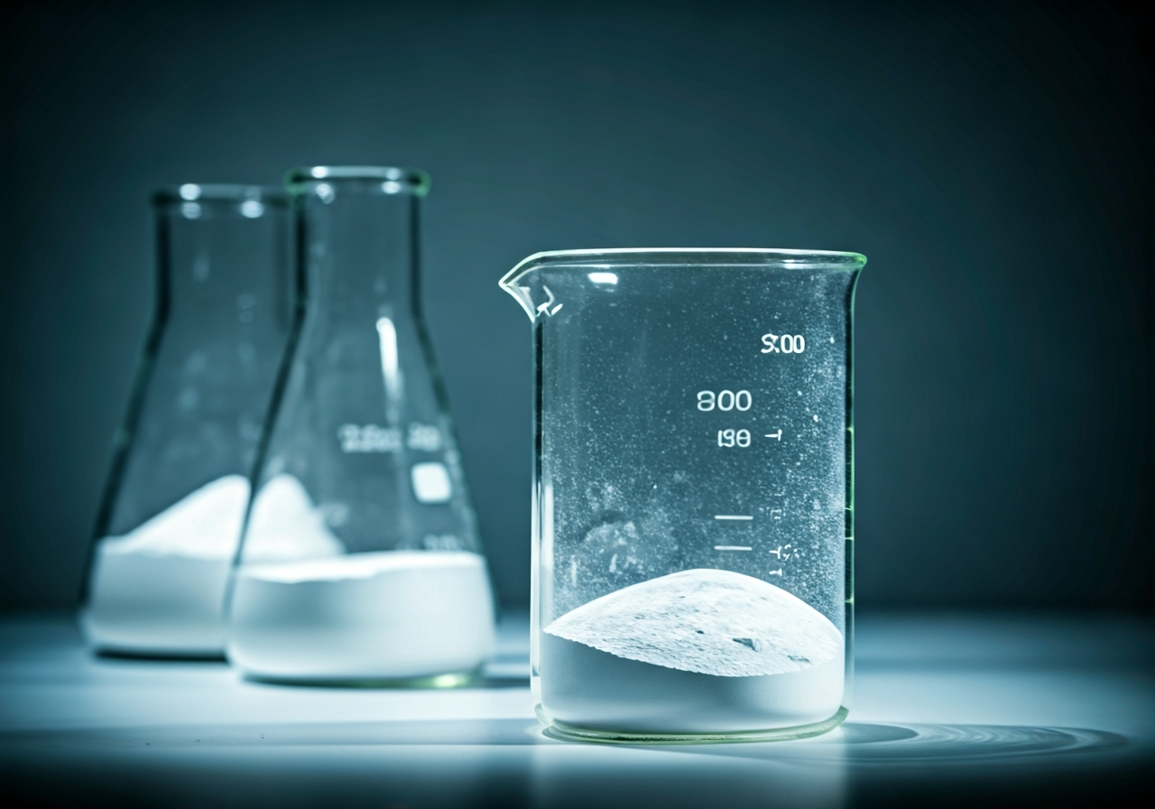 Farmaceutická kvalita vitaminu C: Funguje vůbec? (Fakta) 2 A professional laboratory setting with glass beakers and white powder samples, analytical chemistry environment, soft natural light, premium editorial style, 85mm lens, highly detailed, no text, no letters