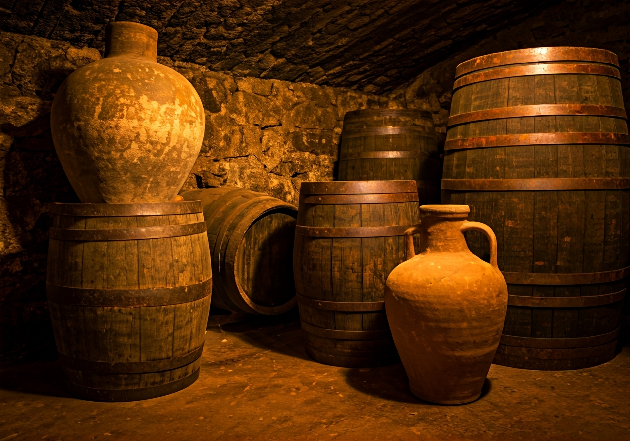 A collection of ancient clay jars and wooden barrels in a dimly lit, rustic cellar, historical atmosphere, soft moody lighting, 85mm lens, high detail, no text, no letters
