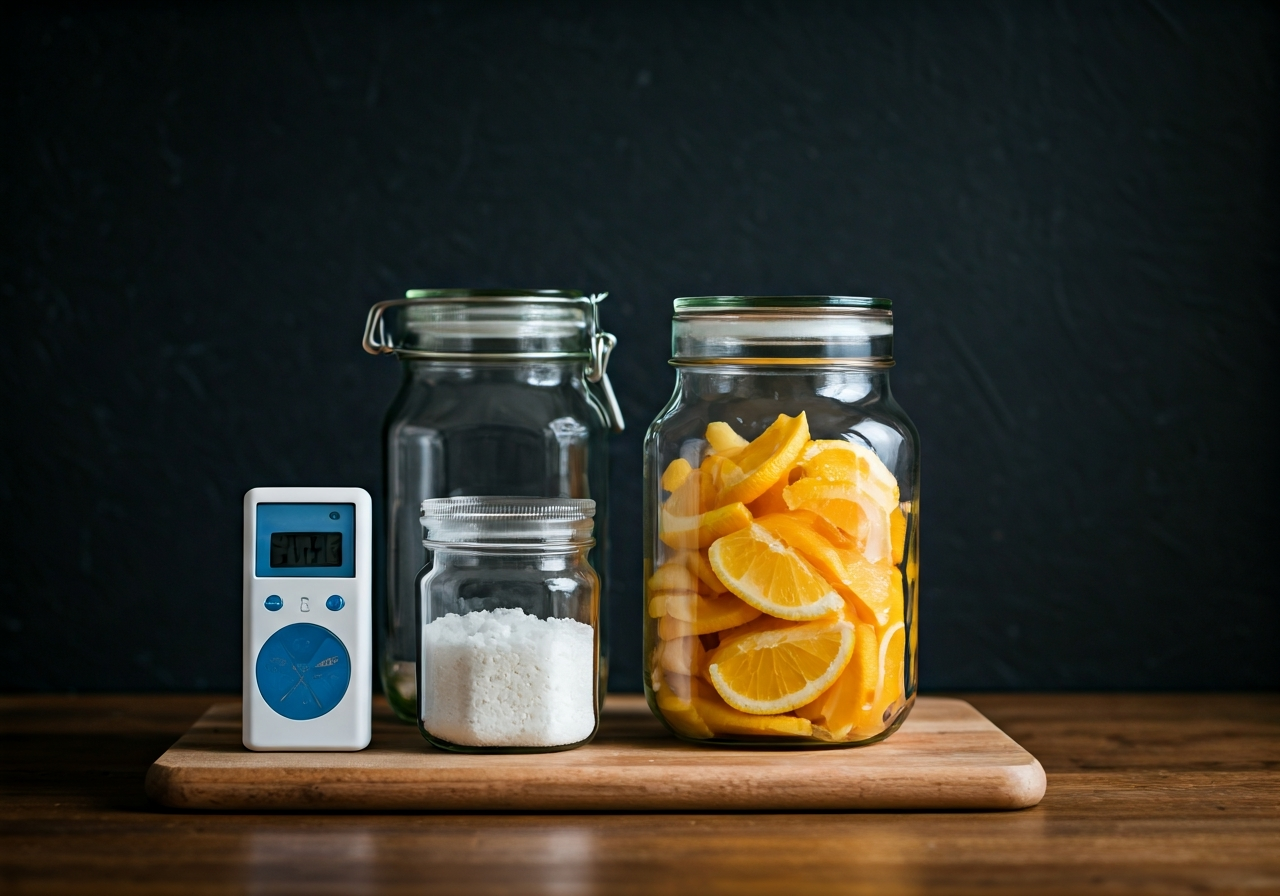 Professional kitchen setting with glass fermentation jars, pH meter and sea salt, clean aesthetic, editorial food photography, soft natural light, 85mm lens, high resolution, no text, no letters