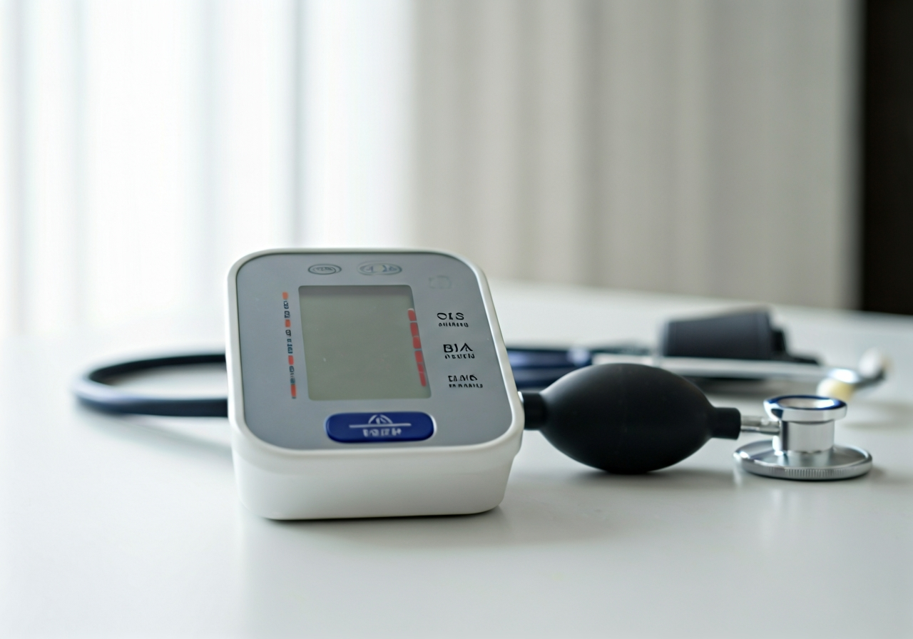 A professional blood pressure monitor on a clean white desk, stethoscope nearby, medical office background, soft natural morning light, 85mm lens, high quality, no text, no words, no letters