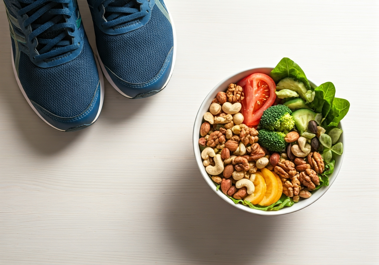 A vibrant, healthy bowl of Mediterranean-inspired salad with nuts and seeds next to a pair of athletic running shoes on a clean, light-colored wooden table, soft natural daylight, minimalist editorial style, 85mm lens, high resolution, no text, no letters