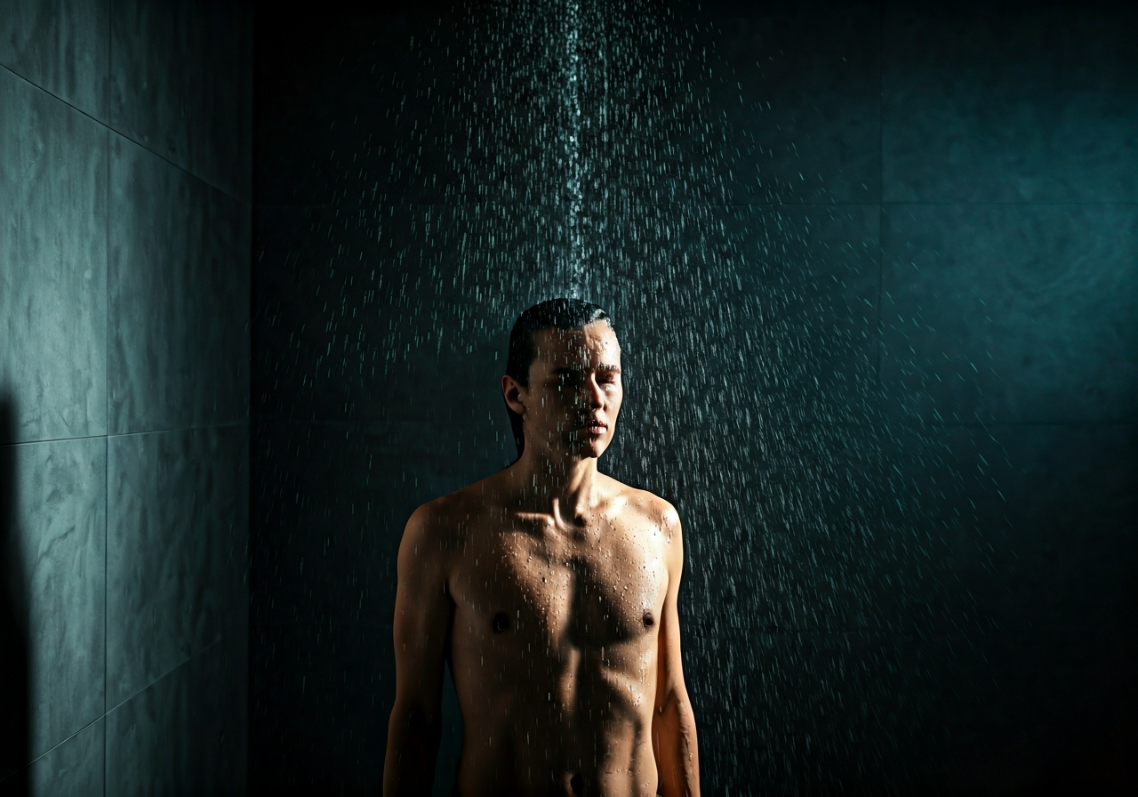 Studená sprcha: 5 kroků, jak začít (Rychlý návod) 3 A professional portrait of a focused person standing under a cold shower in a minimalist, modern concrete bathroom, cinematic lighting, soft water droplets captured in mid-air, editorial aesthetic, 85mm lens, high contrast, no text, no letters