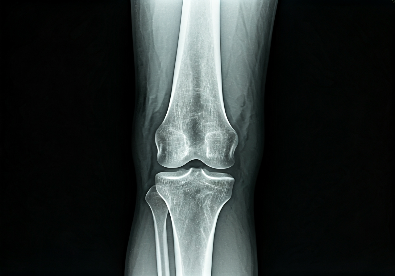 Artróza a mráz: Pomáhá, nebo škodí? (Pravda 2026) 3 A high-quality medical X-ray of a human knee joint, clinical diagnostic setting, clean aesthetic, soft neutral lighting, hyper-realistic, professional medical photography style, 85mm lens, no text, no words, no letters.