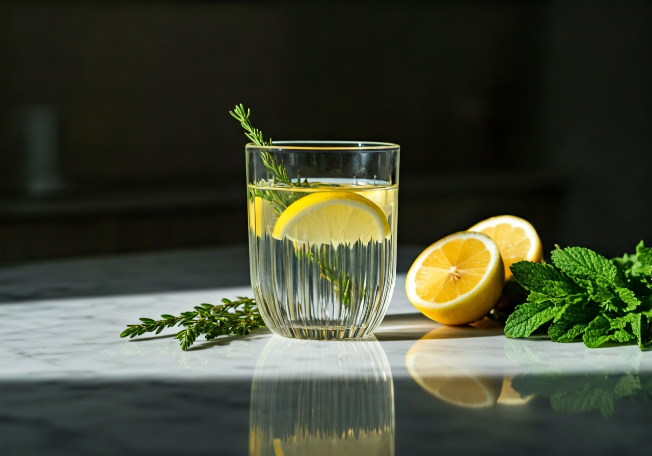 Detox horkou vodou: Funguje? (Pravda bez mýtů) 2 A clean, minimalist glass of warm water on a marble countertop next to fresh lemon slices and green herbs, bright natural sunlight casting soft shadows, professional editorial style, 85mm lens, high resolution, no text, no letters