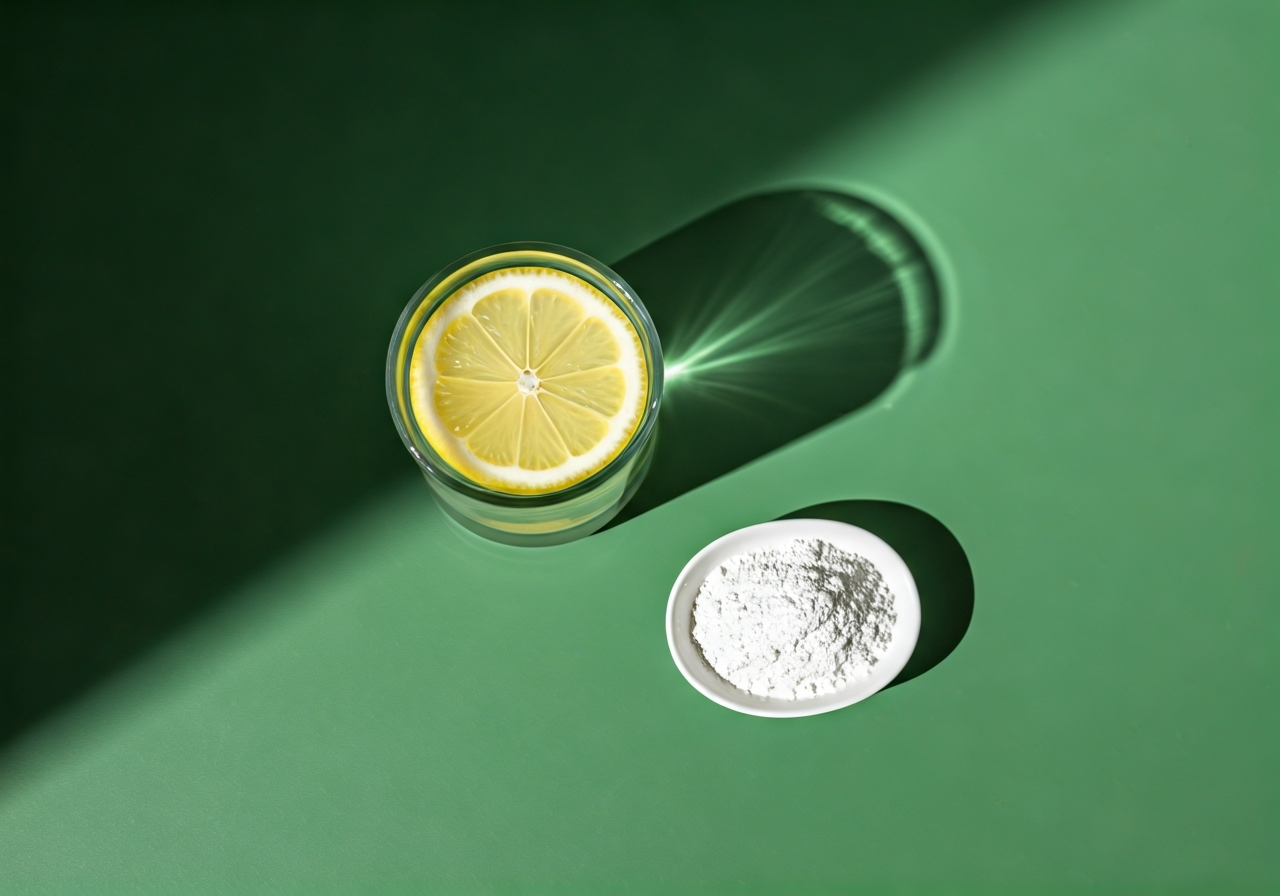 Detox horkou vodou: Funguje? (Pravda bez mýtů) 3 A professional, minimalist flat-lay of a glass of mineralized water with lemon slices, a small bowl of organic electrolyte powder, and a vibrant green background, editorial wellness aesthetic, soft natural sunlight, 85mm lens, high resolution, no text, no letters