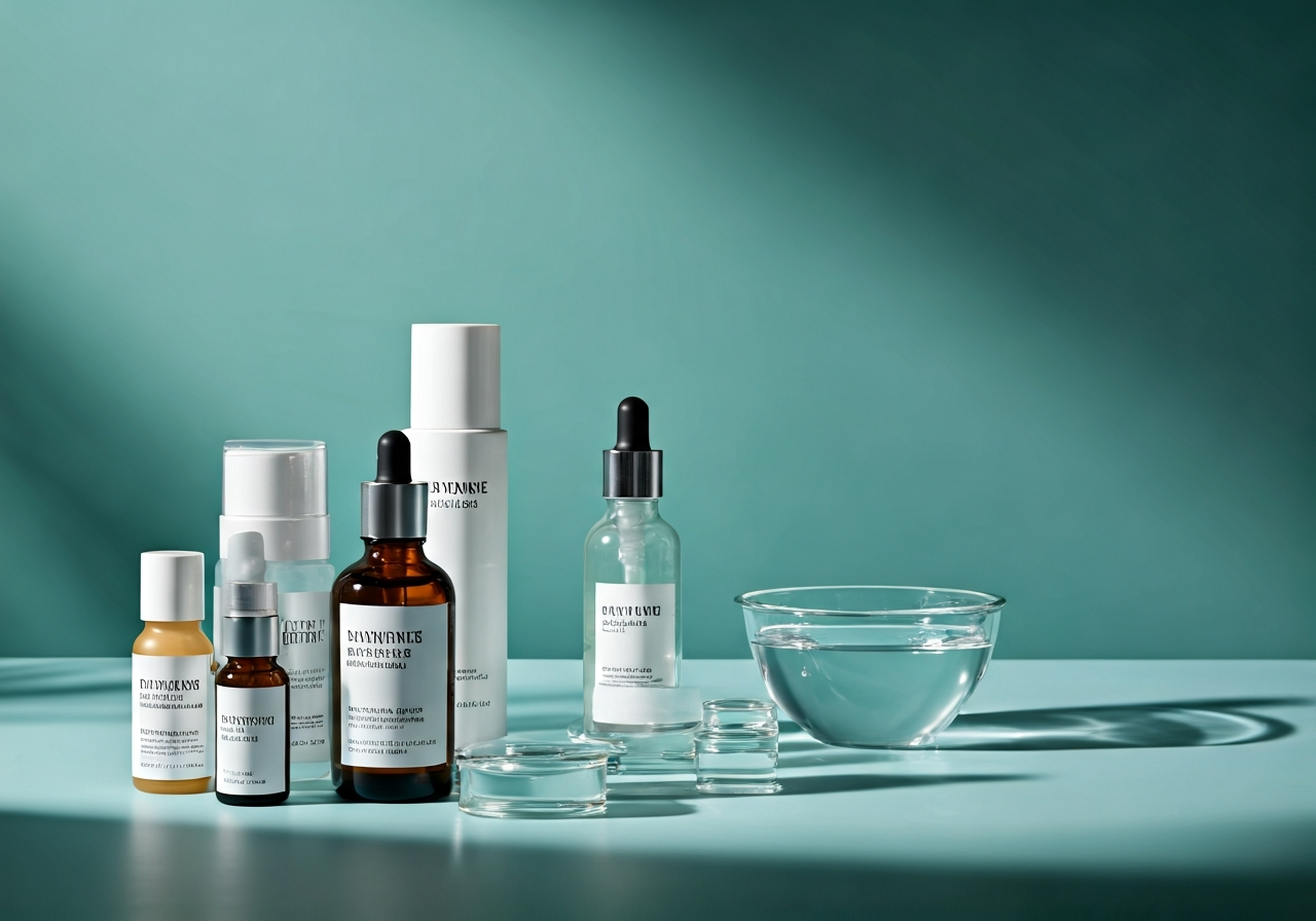 Phenoxyethanol: Škodí vašemu zdraví? (Pravda odhalena) 2 A professional laboratory setting showcasing various skincare bottles and a bowl of water, highlighting the difference between serums and cleansers, editorial aesthetic, clean composition, soft natural lighting, 85mm lens, high resolution, no text, no letters