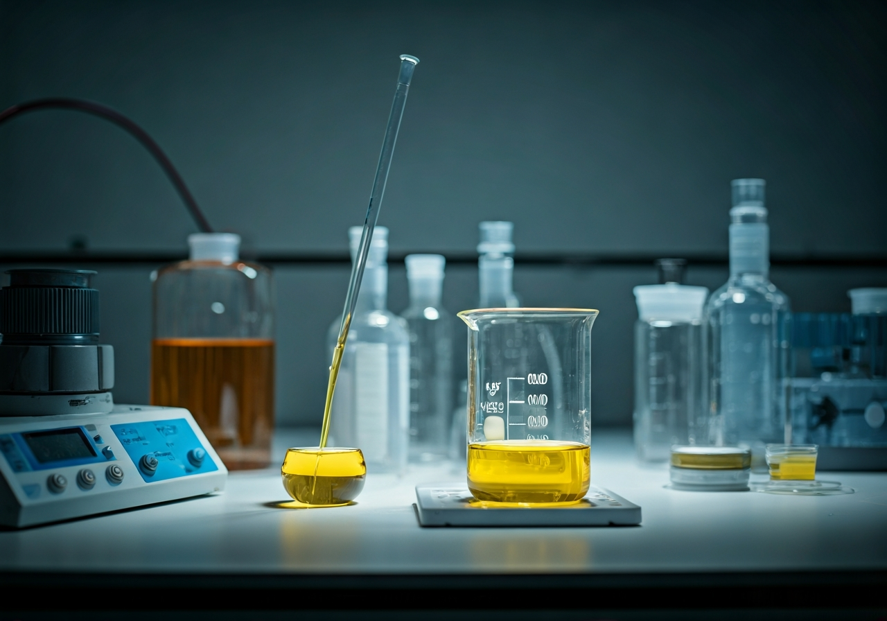 A professional laboratory setting featuring a glass beaker with a yellow liquid, a digital pipette, and a titration setup, clean scientific environment, high-end editorial photography, soft natural light, shallow depth of field, 85mm lens, no text, no words, no letters