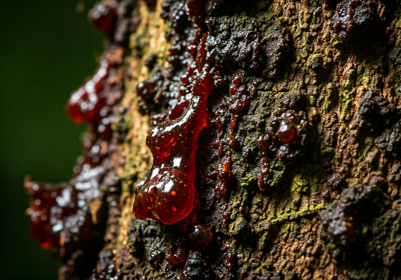 Amazonský zázrak: Opravdu funguje? (Upřímný test) 2 A close-up, high-detail editorial photograph of the dark red resin flowing from the bark of a Croton lechleri tree in the Amazon rainforest, soft natural lighting, macro focus, professional botanical photography, vibrant textures, no text, no letters