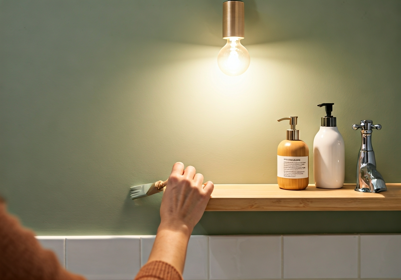 A bright, modern bathroom interior during a DIY renovation. A person's hand is visible painting a wall with a soft sage green moisture-resistant paint. On a wooden shelf, there are new chrome water-saving faucets and sustainable bamboo accessories. The lighting is warm and natural, highlighting clean white subway tiles.