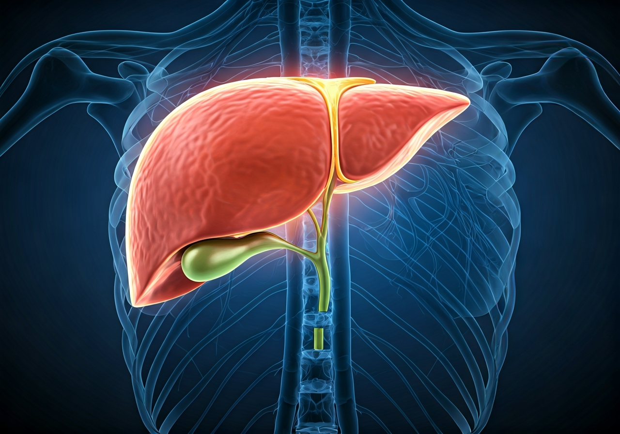 High-end medical illustration of liver and gallbladder anatomy with glowing neural pathways, modern clinical style, soft blue and golden ambient lighting, cinematic focus, premium aesthetic, 85mm lens, no text, no words, no letters.