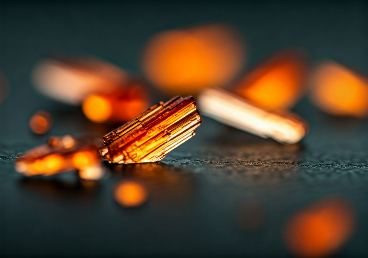 Macro close-up shot of crystalline L-ascorbic acid structures on a dark laboratory surface, clinical and scientific aesthetic, soft diffused lighting, 85mm macro lens, high detail, no text, no words