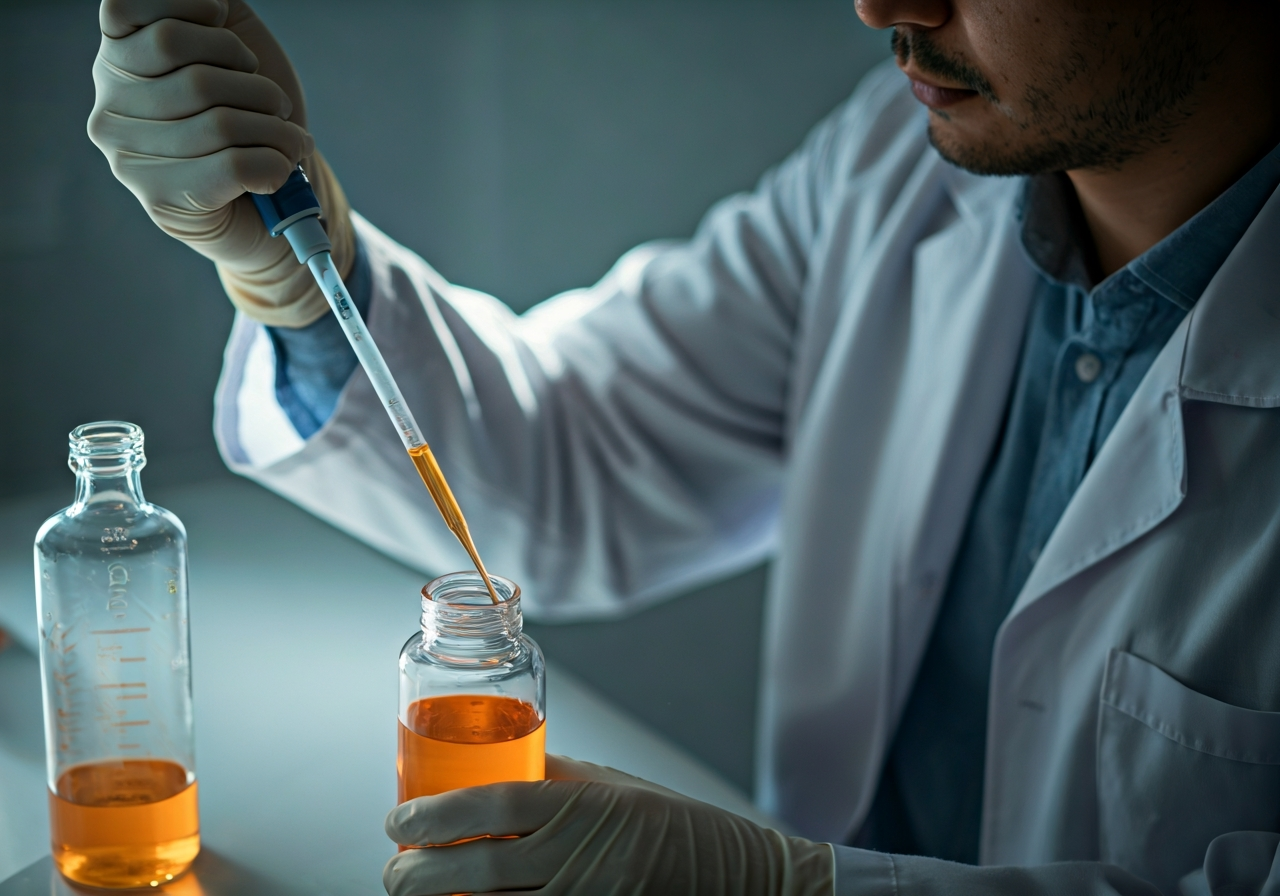 Vitamin C: Funguje vůbec? (Pravda, kterou musíte znát) 2 A professional scientist in a clean, minimalist laboratory setting carefully pipetting a clear vitamin C solution, bright soft natural light, macro photography style, 85mm lens, high focus, no text, no words, no letters.