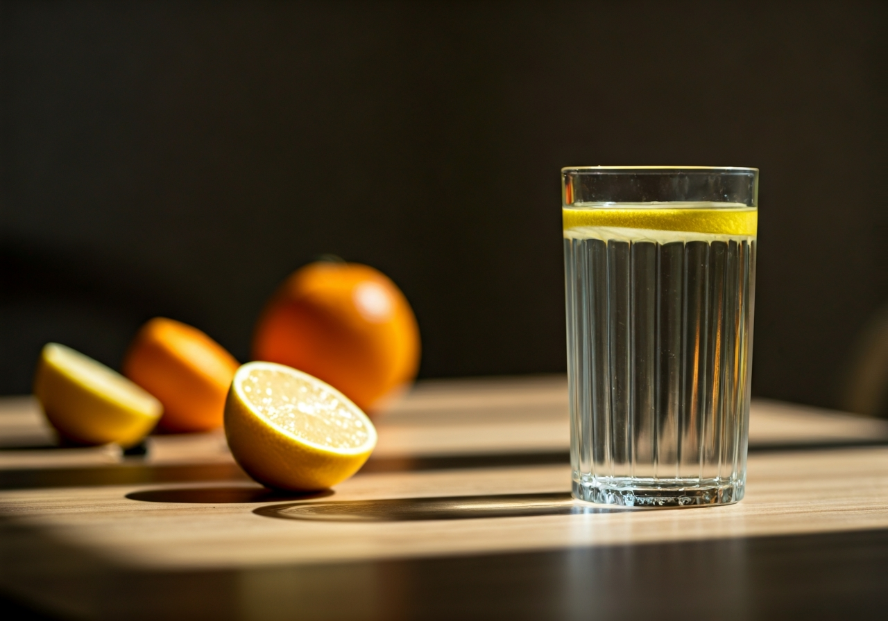 Vitamin C: Funguje vůbec? (Pravda, kterou musíte znát) 3 Macro editorial photography of a professional nutrition consultation desk, a glass of water with floating lemon slice and scattered fresh citrus, soft natural morning light, high depth of field, 85mm lens, clean minimalist aesthetic, no text, no words, no letters