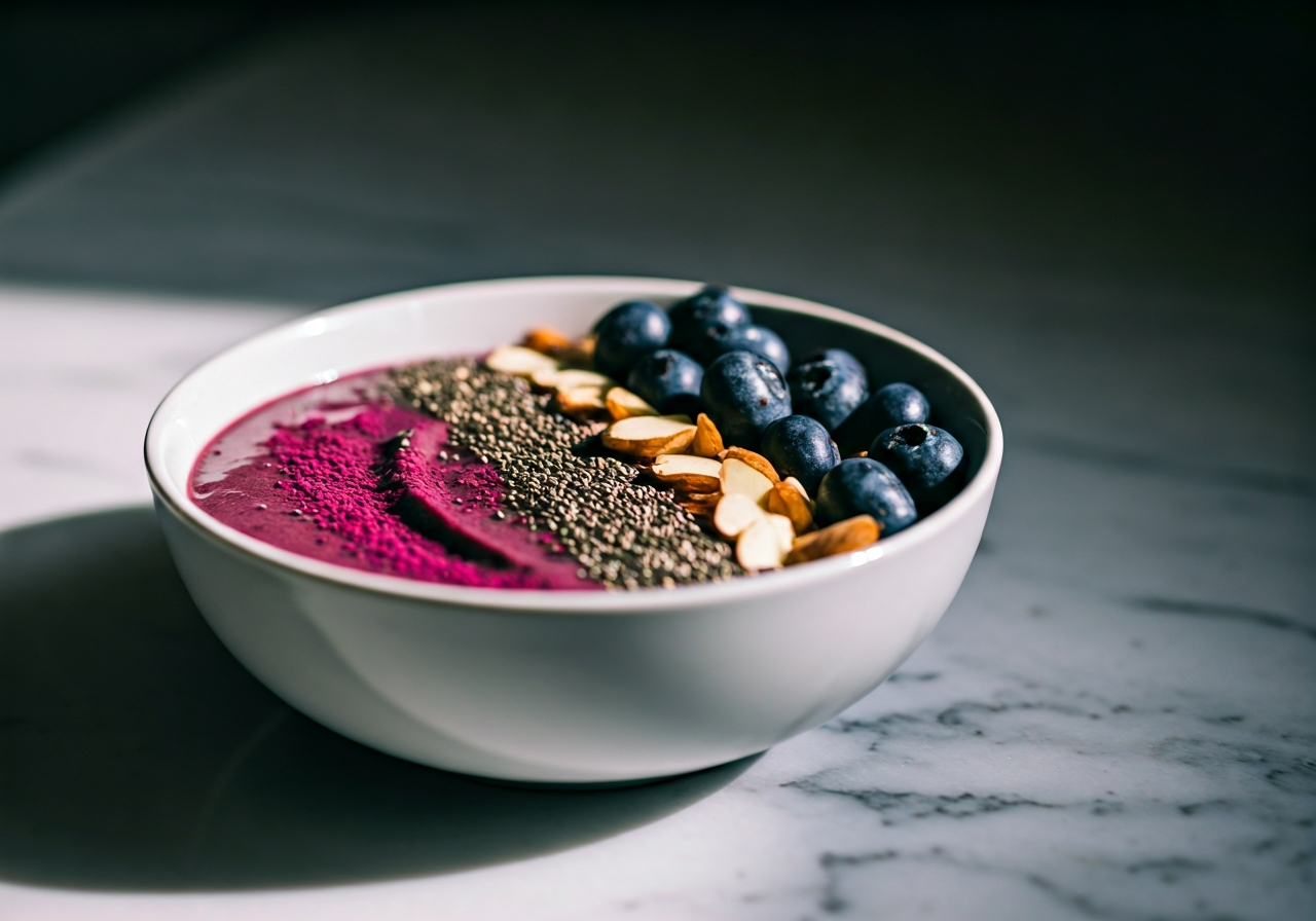 Maqui: Opravdu funguje? (Pravda o detoxu v roce 2026) 3 A professional bowl of açai-style breakfast with deep purple Maqui powder dusted on top, topped with fresh blueberries, chia seeds, and almond slices, marble kitchen countertop, soft natural morning light, cinematic food photography, 85mm lens, high resolution, no text, no words, no letters.