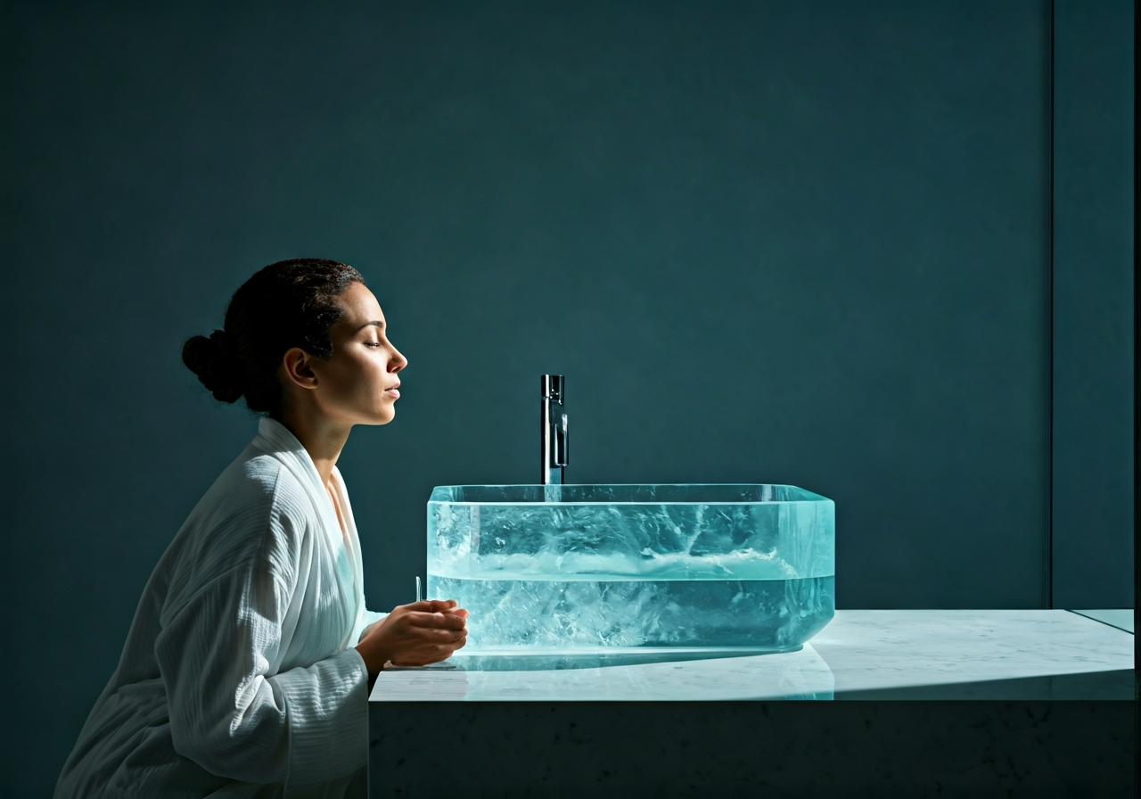Otužování proti celulitidě: Funguje to skutečně? (Test 2026) 3 A calm individual taking a deep breath in a minimalist, serene bathroom setting with a clear, icy blue water basin, editorial photography, high-end wellness aesthetic, soft natural light, 85mm lens, depth of field, no text, no words, no letters