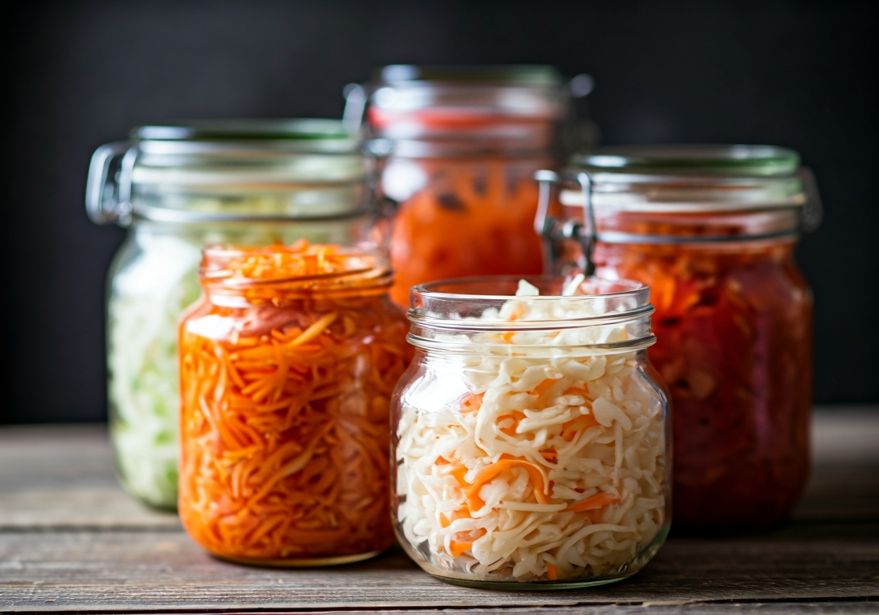 Close-up of various glass jars containing colorful fermented vegetables like sauerkraut and kimchi, rustic wooden kitchen surface, soft natural morning light, depth of field, 85mm lens, high resolution, no text, no letters