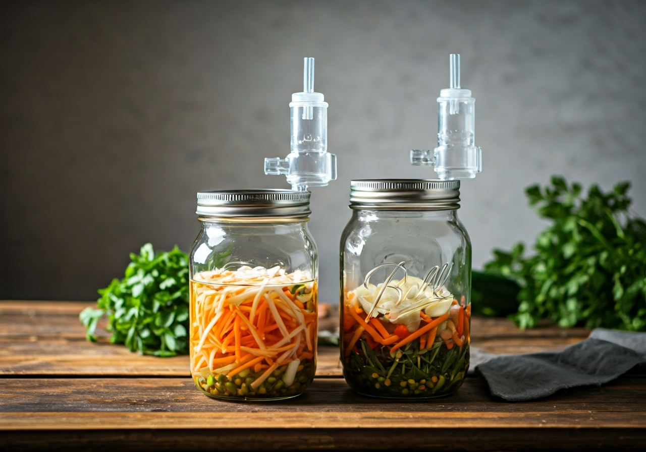 A professional fermentation setup on a rustic wooden table, glass mason jars with airlocks and glass weights inside, organic vegetables prepared for pickling, bright airy kitchen background, editorial food photography style, soft natural light, shallow depth of field, 85mm lens, no text, no words, no letters