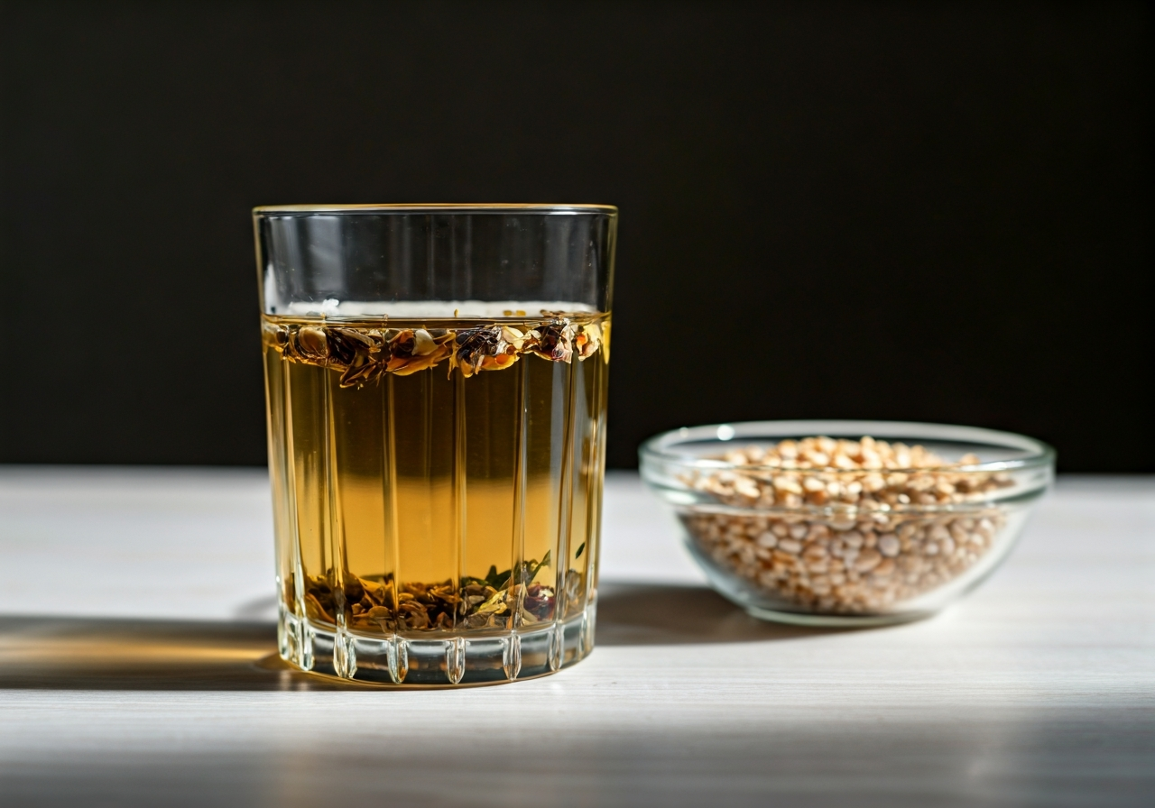 Kojící čaj: Proč dráždí žaludek? (Pravda odhalena) 2 A close-up, high-quality editorial shot of a glass of herbal infusion and a bowl of healthy grains on a light wooden table, soft morning sunlight, shallow depth of field, 85mm lens, minimalist aesthetic, no text, no letters