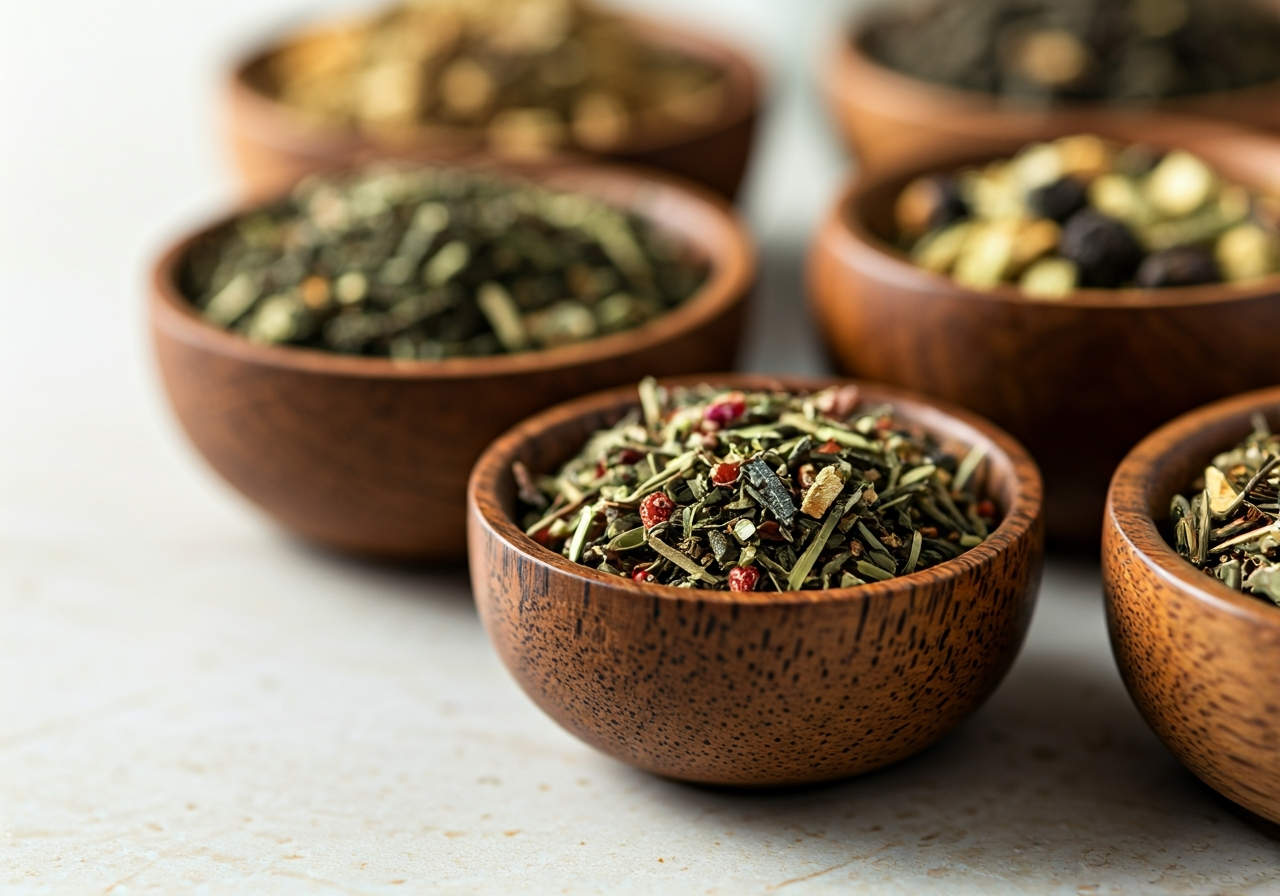 Kojící čaj: Proč dráždí žaludek? (Pravda odhalena) 3 A close-up, high-quality editorial shot of loose-leaf herbal tea ingredients in wooden bowls on a light marble surface, soft natural light, depth of field, 85mm lens, premium aesthetic, no text, no words, no letters