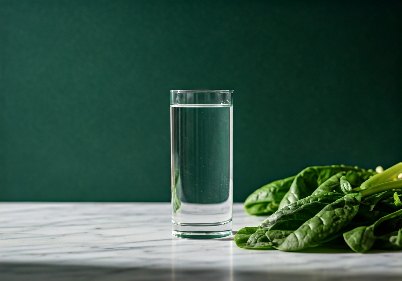 Podráždění organismu: Jak ho zastavit (Krok za krokem) 2 A professional medical conceptual shot of an alkaline water glass next to fresh green leafy vegetables on a marble surface, clean minimal aesthetic, soft natural daylight, 85mm macro lens, high-end editorial photography, no text, no letters.