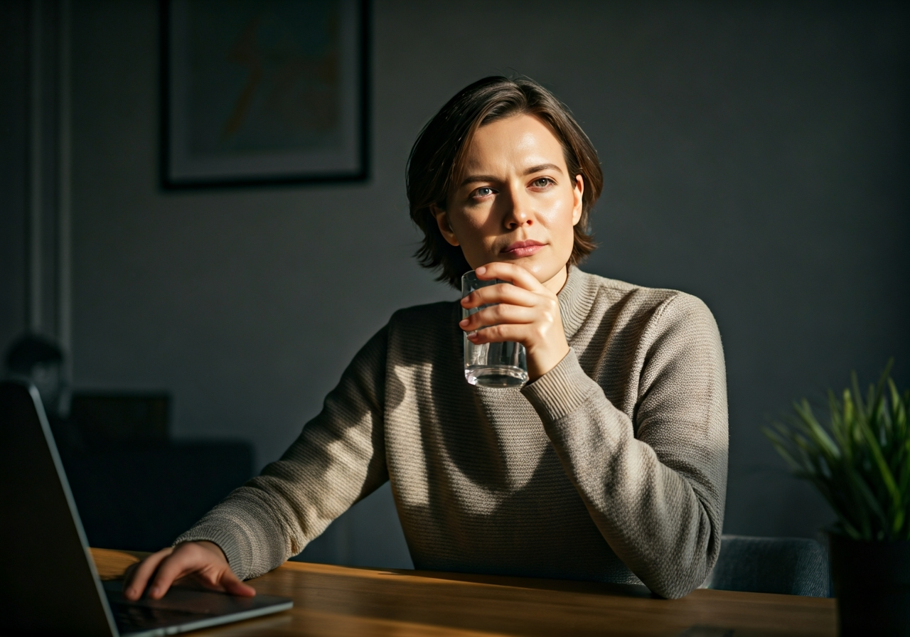 Podráždění organismu: Jak ho zastavit (Krok za krokem) 3 A professional person sitting at a desk with a calm but tired expression, holding a glass of water, modern minimal home office background, soft natural morning light, cinematic editorial style, 85mm lens, highly detailed, no text, no words, no letters.