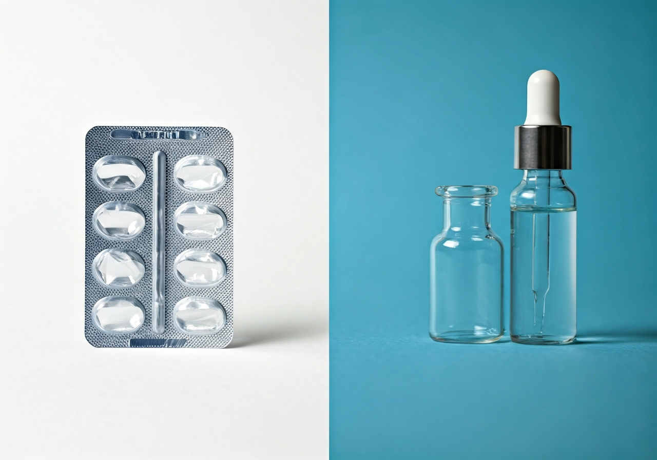 Ergofein: Funguje, nebo jsou to vyhozené peníze? 3 A professional split-screen medical comparison concept, one side showing a clinical pharmaceutical blister pack and the other a laboratory glass dropper, clean minimalist white medical office background, professional editorial photography, soft natural light, 85mm lens, high focus, no text, no words, no letters.