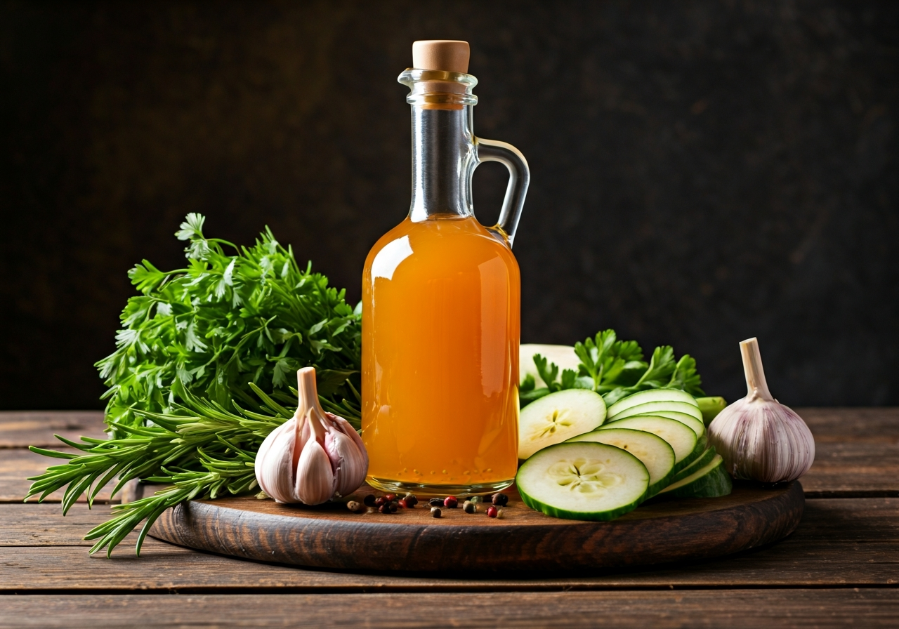 A professional culinary setting with a glass bottle of organic cloudy apple cider vinegar, fresh raw ingredients like herbs, garlic, and sliced vegetables arranged on a rustic wooden table, editorial photography, soft natural light, 85mm lens, highly detailed, professional kitchen background, no text, no words, no letters.