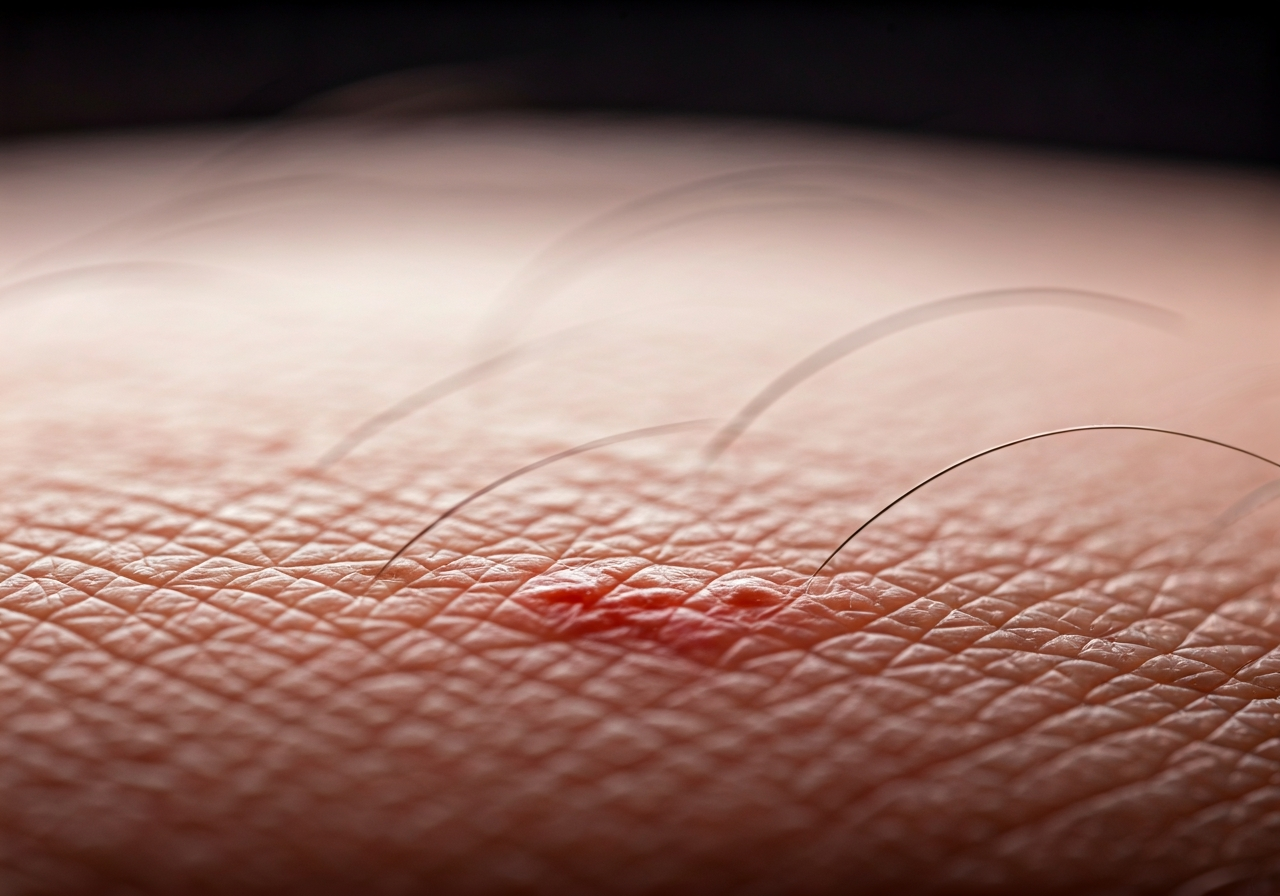 Nedostatek kyseliny askorbové: Ohrožuje vás? (Test příznaků) 3 Macro clinical photography of human skin showing subtle signs of perifollicular hemorrhage and dry texture, minimalist medical context, soft clinical lighting, 85mm lens, high detail, no text, no words, no letters