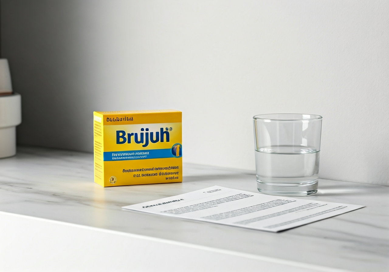Brufen: Je skutečně bezpečný? (Pravda, kterou tají) 2 A clean, organized medicine cabinet with a box of Brufen, a glass of water, and a patient information leaflet resting on a white marble surface, modern clinical aesthetic, soft natural light, 85mm lens, high detail, no text, no words, no letters