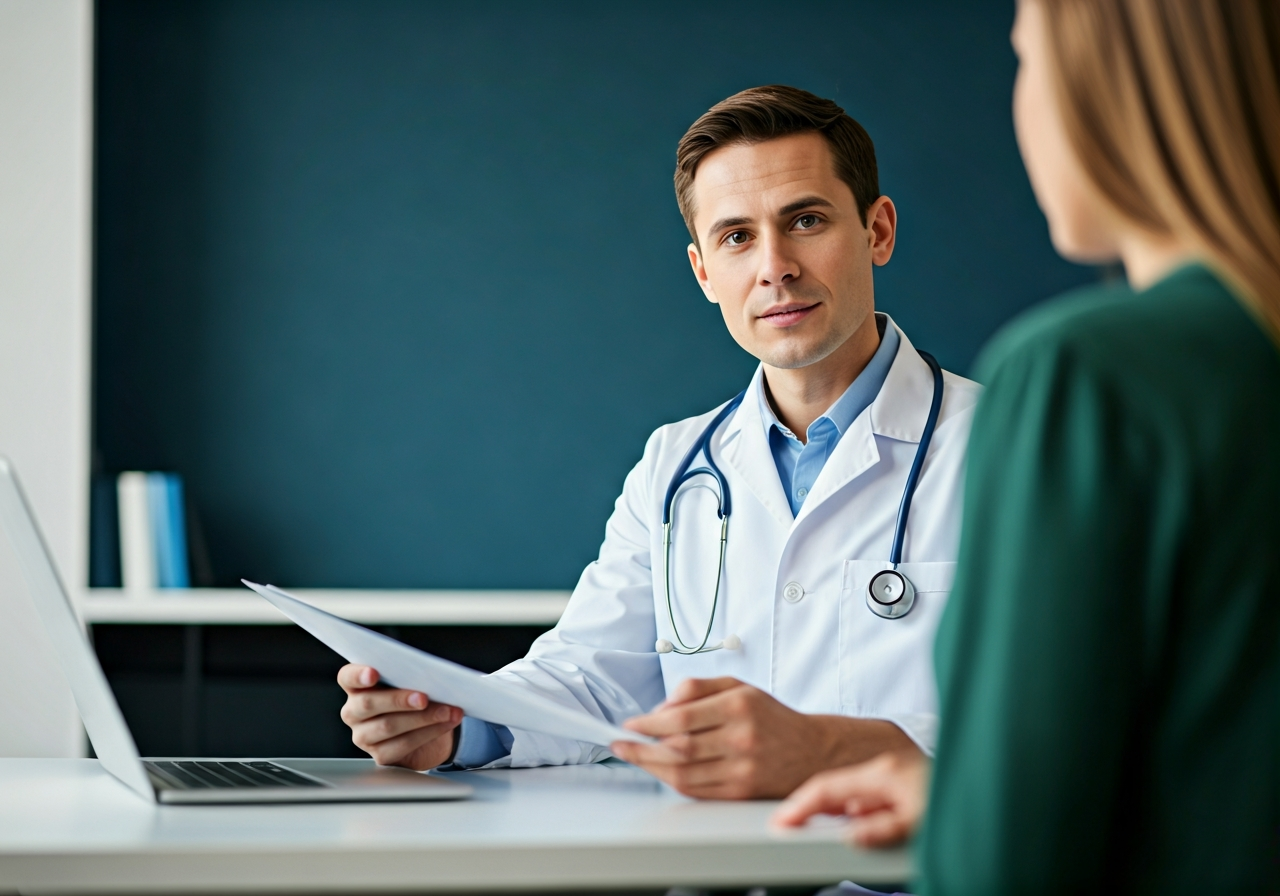 Brufen: Je skutečně bezpečný? (Pravda, kterou tají) 3 A professional doctor having a collaborative, calm conversation with a patient in a modern, bright clinical office, holding a medical chart, soft natural light, editorial photography style, 85mm lens, high quality, no text, no letters