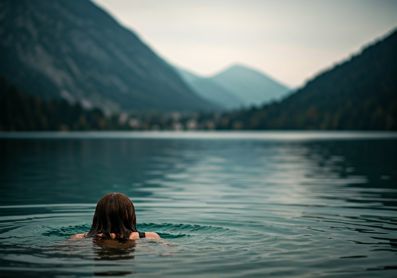 Otužování v Bohinji: Kompletní průvodce (Rychle) 2 Editorial photography, close-up of a person entering a crystal clear cold mountain lake, water droplets on skin, serene mountain background reminiscent of Bohinj Lake, soft natural light, 85mm lens, cinematic depth of field, no text, no words, no letters