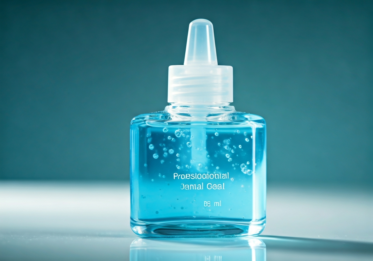Podrážděné patro: Úleva do 5 minut (Krok za krokem) 3 A macro shot of a professional dental gel in a clinical setting, soft natural light, clean aesthetics, shallow depth of field, 85mm lens, high resolution, no text, no letters.