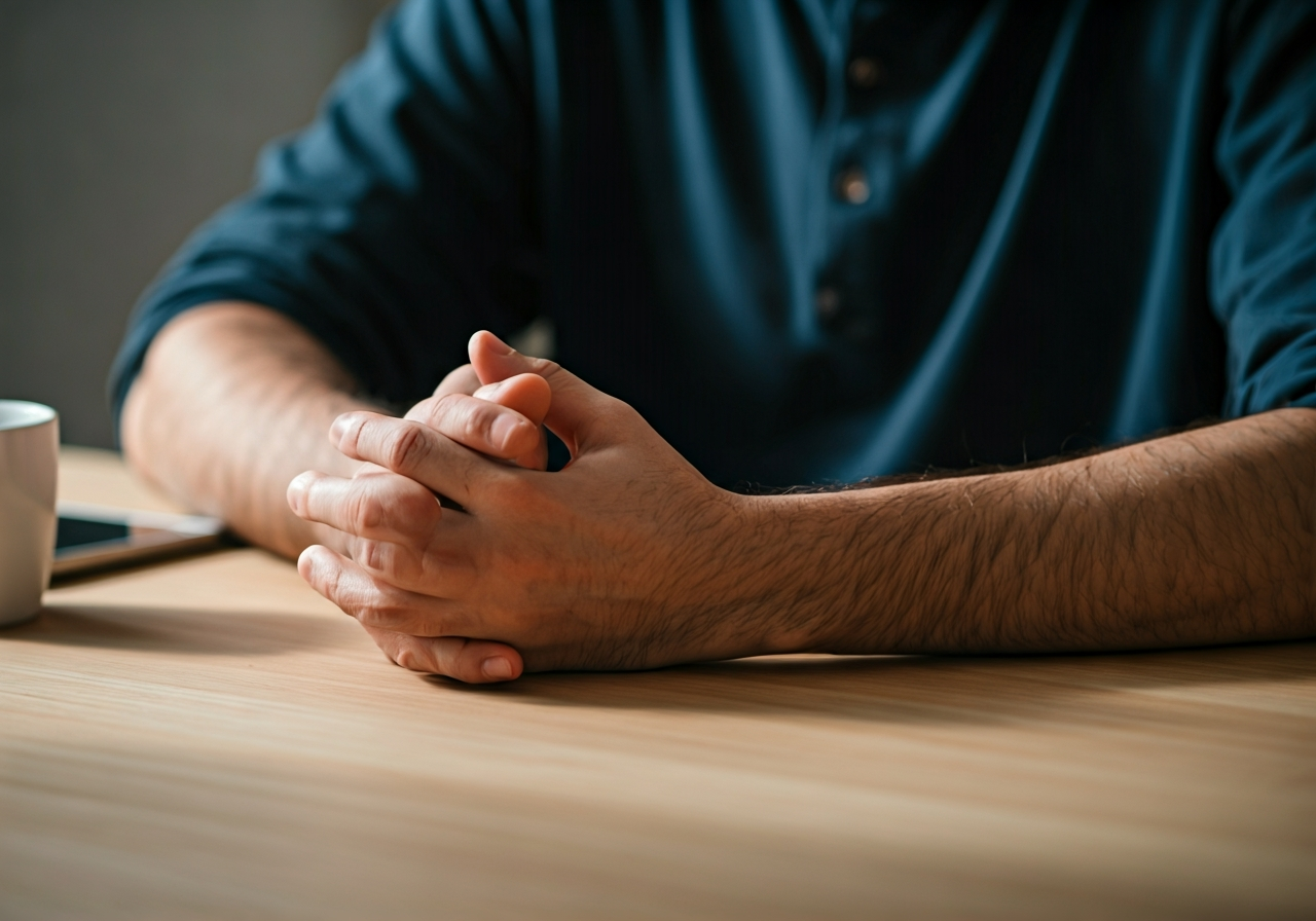 A close-up, high-quality editorial shot of a person showing signs of stress and physical nervousness while sitting at a minimalist wooden desk, a cup of coffee nearby, soft natural morning light, cinematic atmosphere, 85mm lens, shallow depth of field, no text, no letters