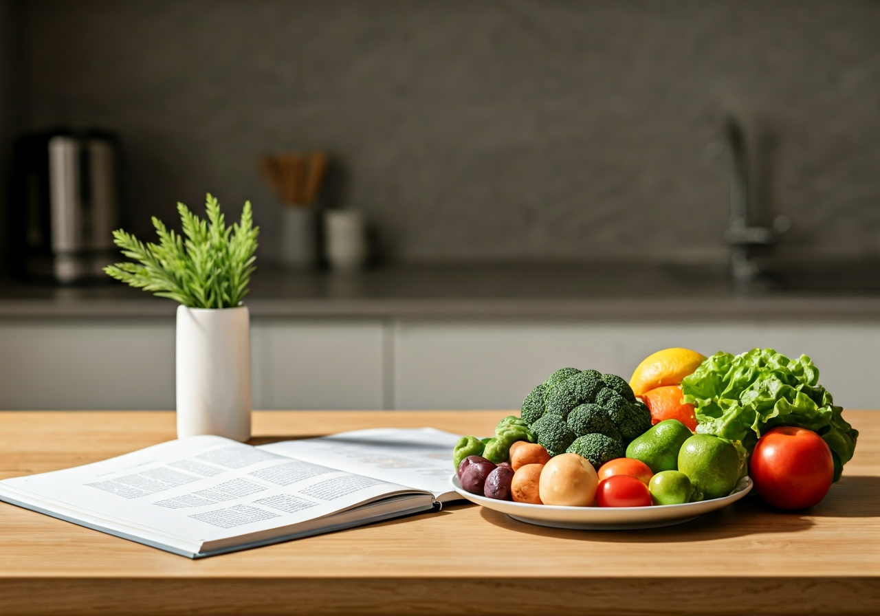 A professional nutritionist's desk with a balanced plate of whole foods next to a scientific textbook, modern minimalist kitchen background, soft natural morning light, editorial photography style, 85mm lens, highly detailed, no text, no letters