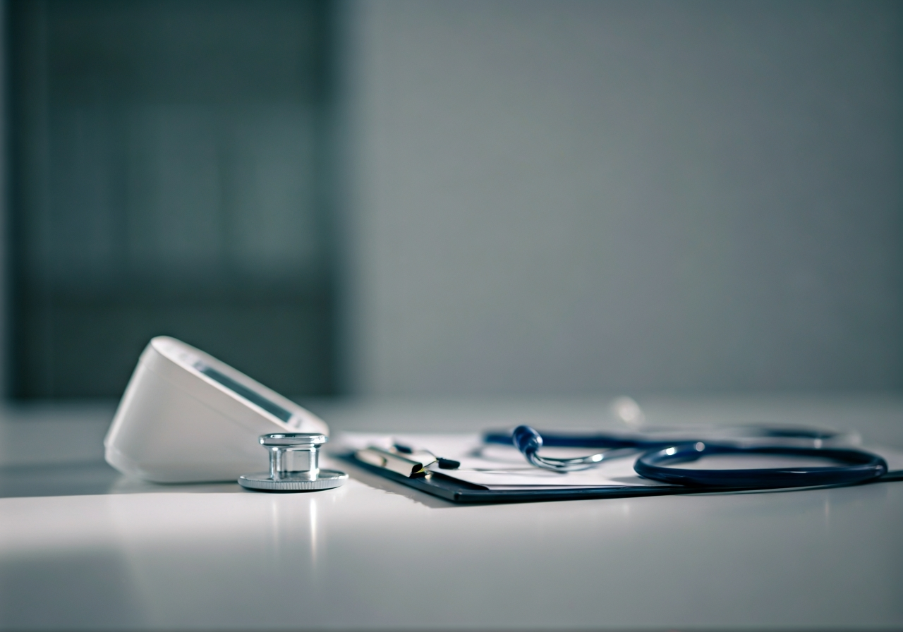A sterile and modern medical examination room with a professional stethoscope and a digital blood pressure monitor on a clean white desk, soft natural light, minimalist aesthetic, editorial photography, 85mm lens, high detail, no text, no words, no letters