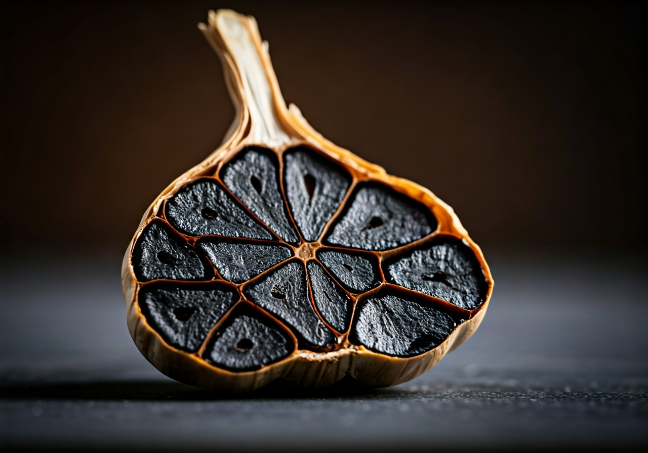 Fermentovaný česnek: Funguje na imunitu? (Pravda) 2 Macro close-up of a halved black garlic clove, glossy texture, dark interior, professional food photography, minimalist kitchen background, soft warm lighting, 85mm lens, high resolution, no text, no words, no letters.