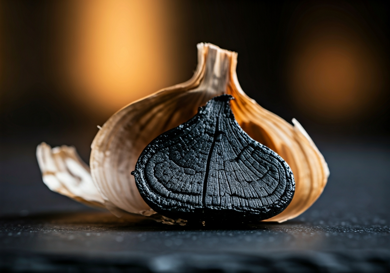 Fermentovaný česnek: Funguje na imunitu? (Pravda) 3 Macro editorial photography of a peeled black garlic clove resting on a dark slate board, showing its sticky, jam-like texture, background blurred with subtle warm kitchen lighting, 85mm lens, high contrast, clean, premium aesthetic, no text, no letters
