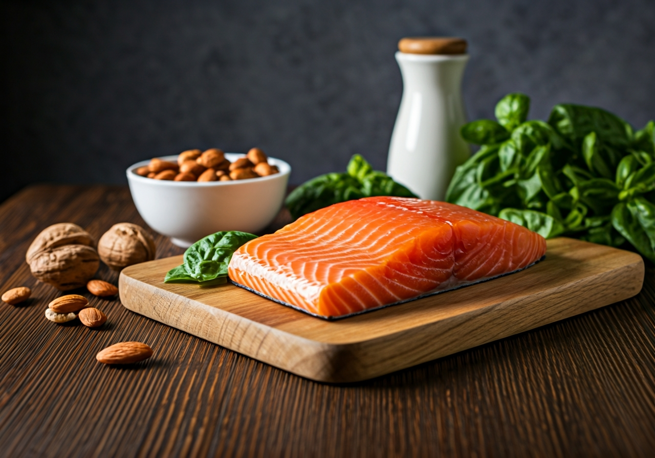 A vibrant, healthy arrangement of colorful Mediterranean ingredients like salmon, nuts, and fresh vegetables on a minimalist wooden table, high-end editorial food photography, soft morning sunlight, 85mm lens, shallow depth of field, no text, no letters.