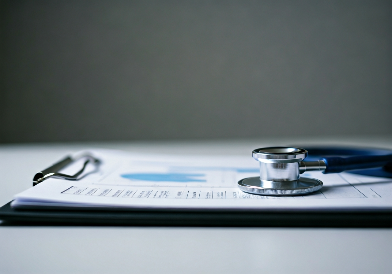 A professional medical chart documenting health progress with a stethoscope nearby, modern clean doctor office environment, editorial photography, premium quality, soft natural light, 85mm lens, no text, no words, no letters