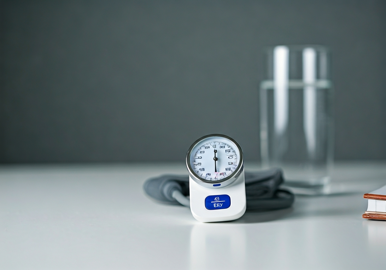 Krevní tlak: Máte hodnoty v normě? (Tabulka 2026) 2 A professional medical blood pressure monitor resting on a clean, modern white desk next to a glass of water and a notepad, editorial photography, soft natural light, shallow depth of field, 85mm lens, highly detailed, no text, no words, no letters.