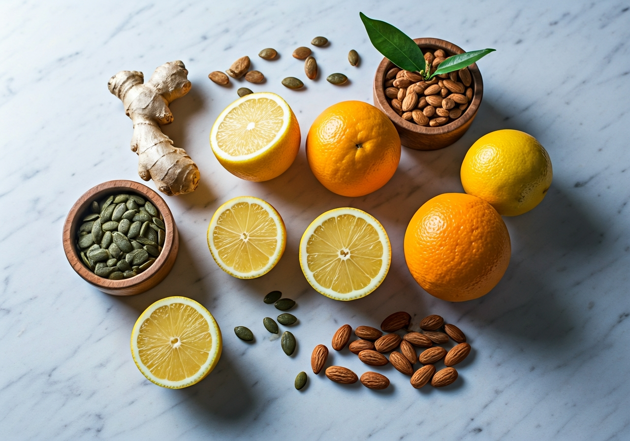 Léky na imunitu: Rychlý přehled (Co opravdu funguje?) 3 A professional flat lay of organic citrus fruits, ginger, zinc-rich pumpkin seeds, and almonds on a clean marble surface, soft natural morning light, 85mm macro lens, high detail, minimalist aesthetic, no text, no words, no letters