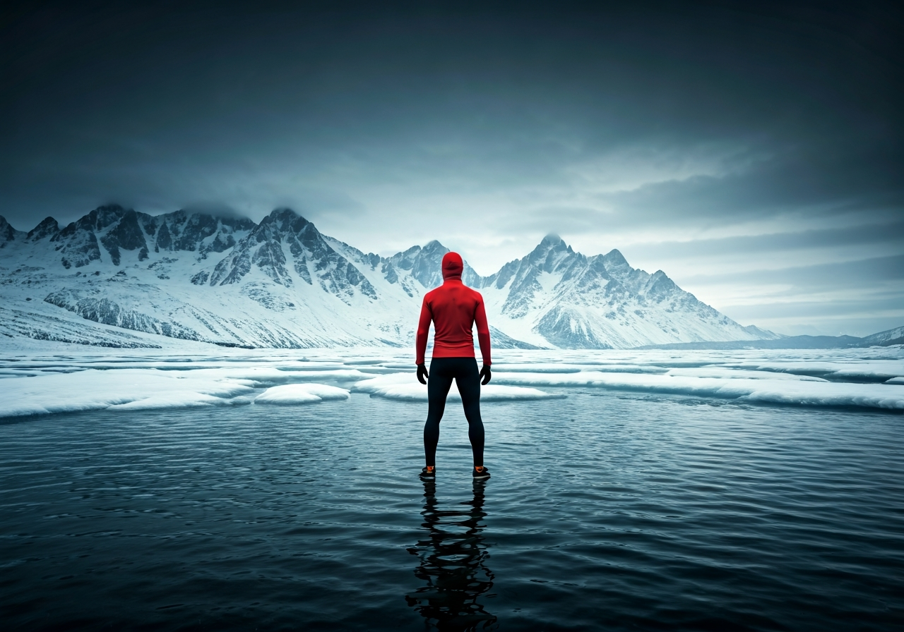 A professional athlete standing in an icy mountain lake, conceptual shot representing physiological thermal adaptation, atmospheric, modern clean aesthetic, professional editorial lighting, 85mm lens, high contrast, no text, no letters