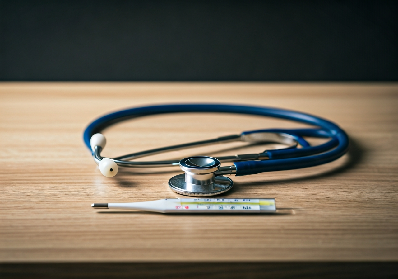 A professional medical stethoscope resting on a clean wooden table next to a thermometer indicating low temperature, editorial style, soft clinical lighting, minimalist atmosphere, 85mm lens, high quality, no text, no words