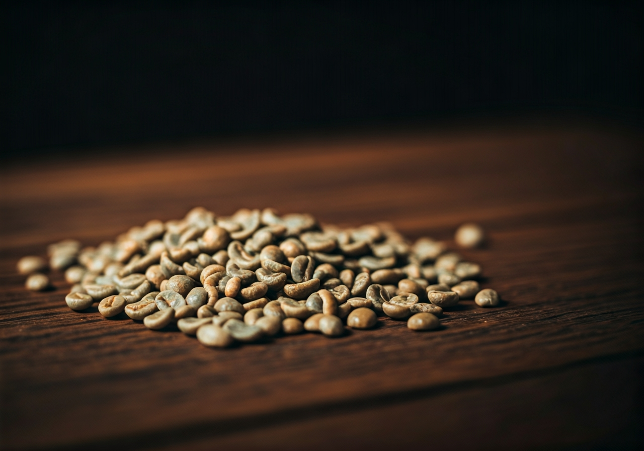 Zelená káva na hubnutí: Opravdu funguje? (Pravda 2026) 2 A macro photography shot of raw, pale green unroasted coffee beans scattered on a rustic wooden table, soft natural morning light, cinematic depth of field, premium editorial style, no text, no words, no letters.