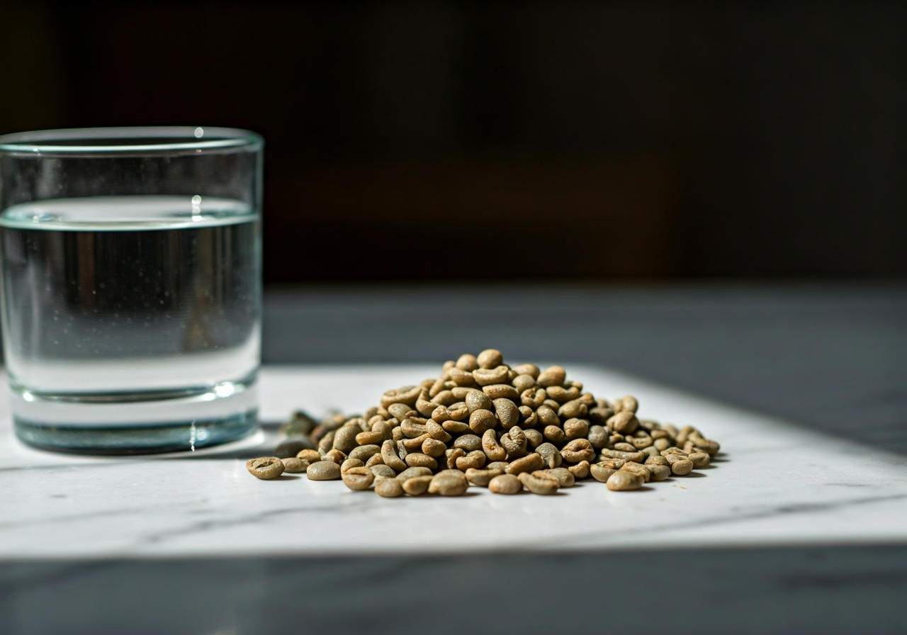 Zelená káva na hubnutí: Opravdu funguje? (Pravda 2026) 3 A clean, minimalist composition showing unroasted green coffee beans scattered on a marble countertop next to a fresh glass of water, bright natural sunlight, editorial photography, 85mm lens, high resolution, no text, no letters, professional nutrition blog style.