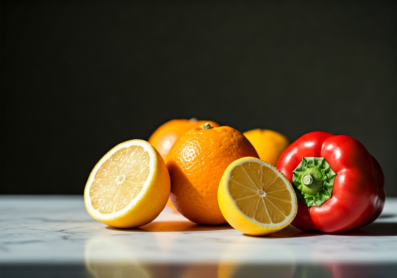 A professional editorial close-up of fresh citrus fruits and red bell peppers arranged on a minimalist white marble surface, soft natural morning light, depth of field, 85mm lens, high-end editorial aesthetic, no text, no words, no letters.