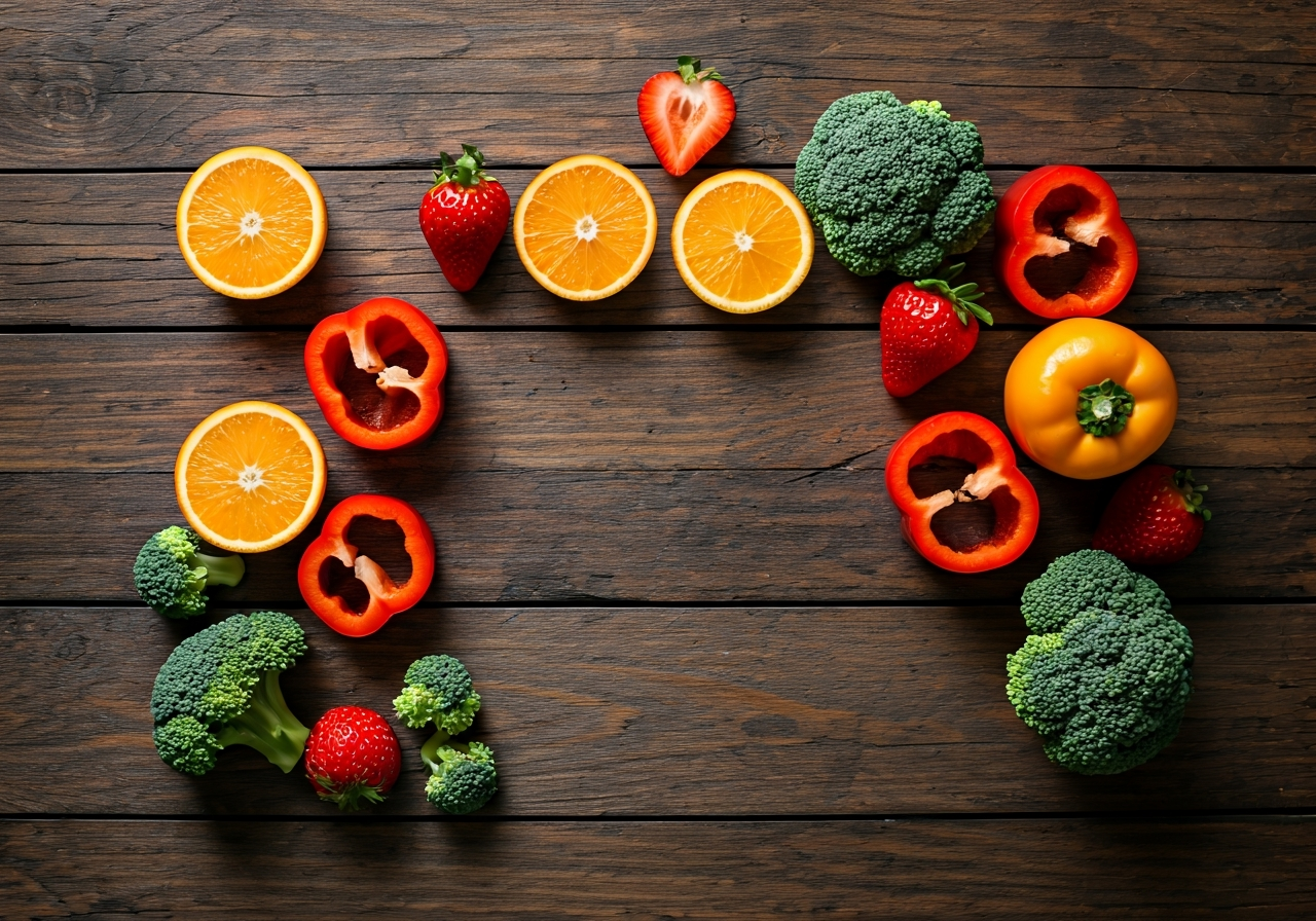 A flat lay composition of vibrant fresh produce including sliced oranges, red bell peppers, strawberries, and broccoli florets on a rustic wooden table, soft natural daylight, cinematic 85mm lens, professional food photography, high resolution, no text, no letters