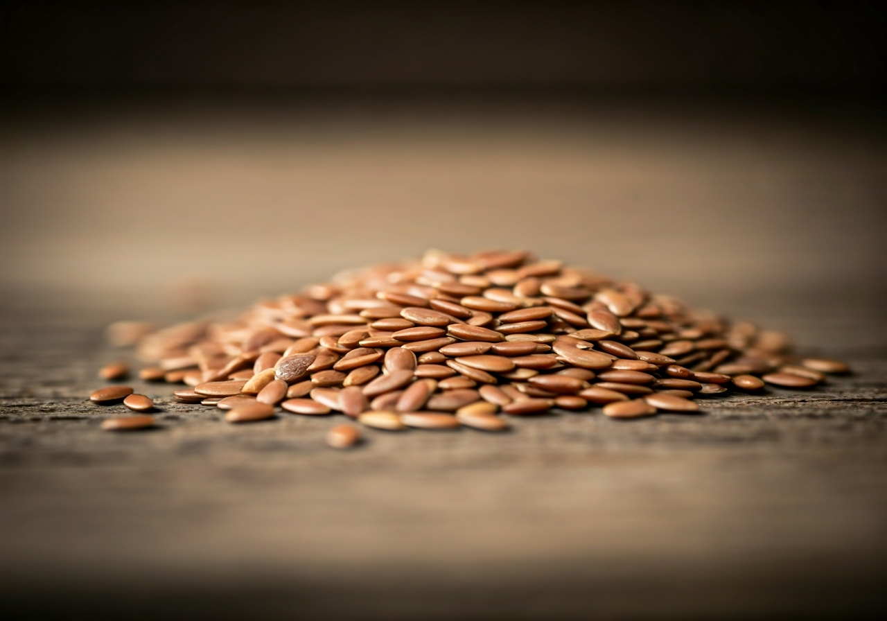 Lněné semínko na cholesterol: Funguje to? (Pravda) 2 Macro close-up of organic golden and brown flax seeds Linum usitatissimum on a textured rustic wooden background, natural soft sunlight, shallow depth of field, premium editorial aesthetic, 85mm lens, high resolution, no text, no letters