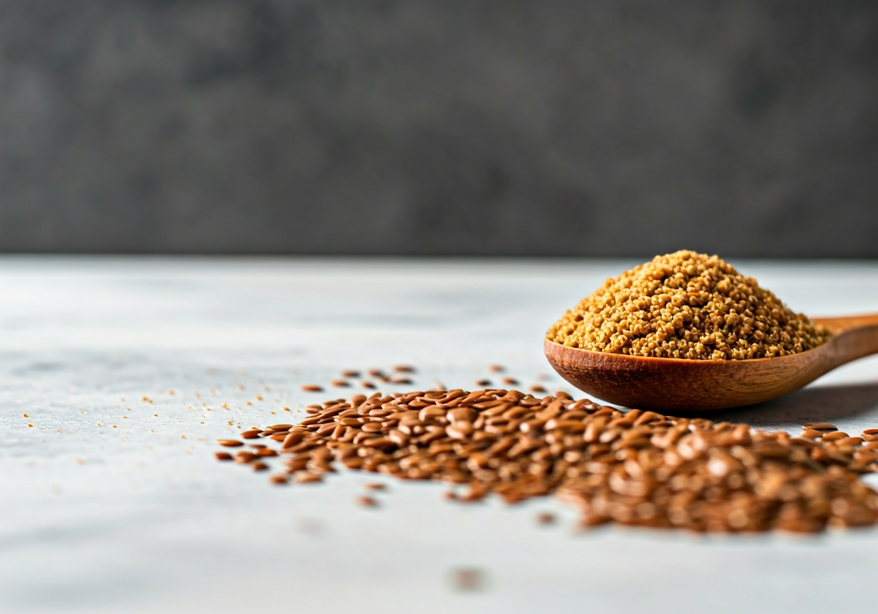 Lněné semínko na cholesterol: Funguje to? (Pravda) 3 A macro shot of freshly ground organic flaxseeds next to a wooden spoon and whole seeds on a light marble surface, minimalist aesthetic, professional food photography, soft natural morning light, shallow depth of field, 85mm lens, high resolution, no text, no letters