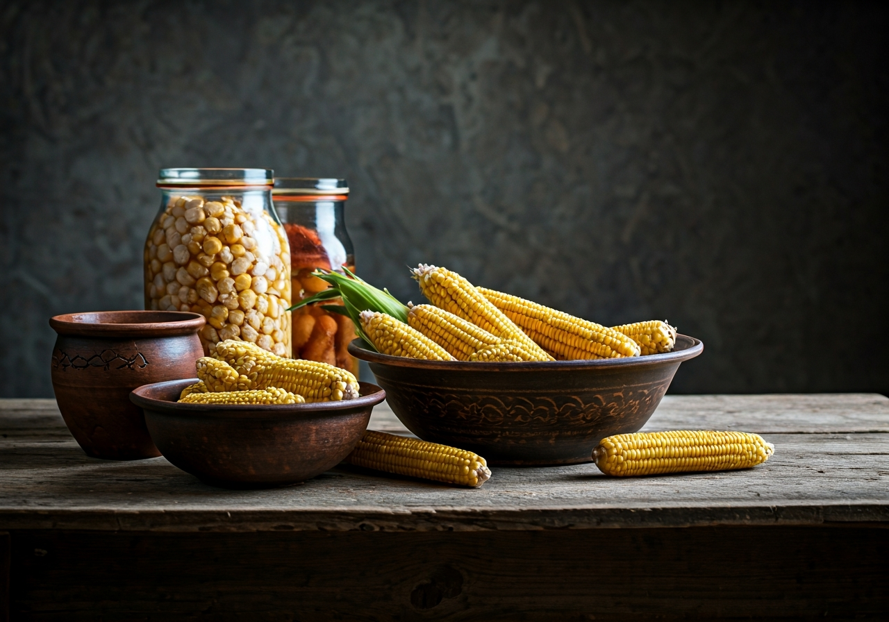 Fermentovaná kukuřice: Zázrak pro zdraví? (Pravda 2026) 2 A rustic wooden table featuring antique ceramic bowls filled with heirloom corn and traditional fermentation jars, soft natural light, editorial photography style, 85mm lens, high detail, no text, no letters